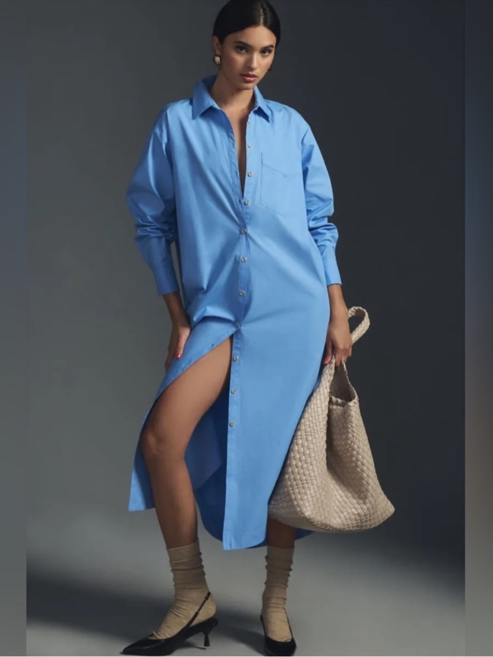 Anthropologie Maeve The Soren Blue Button Down Maxi Shirt Dress Longline Sz Lg